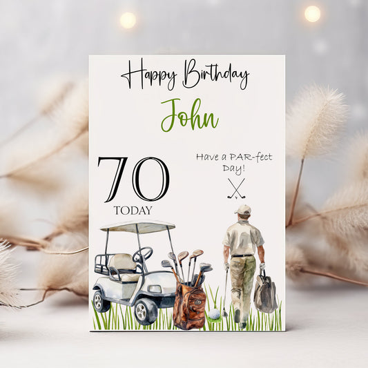 Custom golf birthday card for husband with golfer illustration, Luxury personalised golf birthday card for grandad from Blossom Lane Cards and Gifts