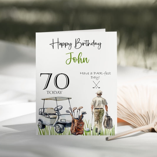 Personalised golf theme birthday card for men with custom name and age, Handmade golf birthday card for dad with golf course design