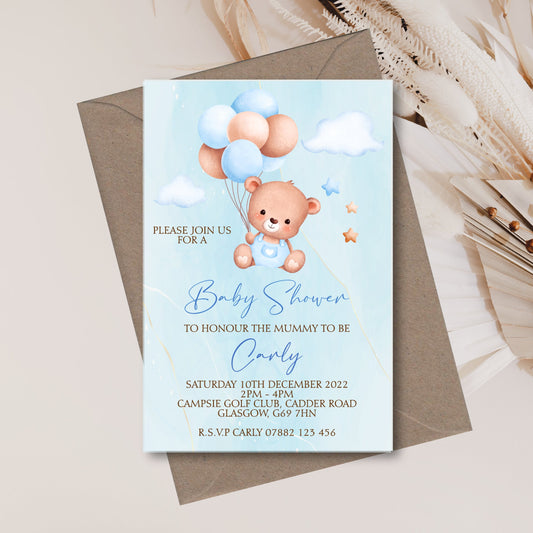 Personalised Printed Baby Shower Invitations Teddy Bear Blue Boy