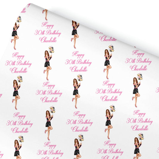 a repeating pattern of illustrations of a woman in various poses, along with the text "Happy 30th Birthday Charlotte" written above each illustration.