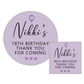 a birthday sticker with the words nikki's 18th birthday thank you for