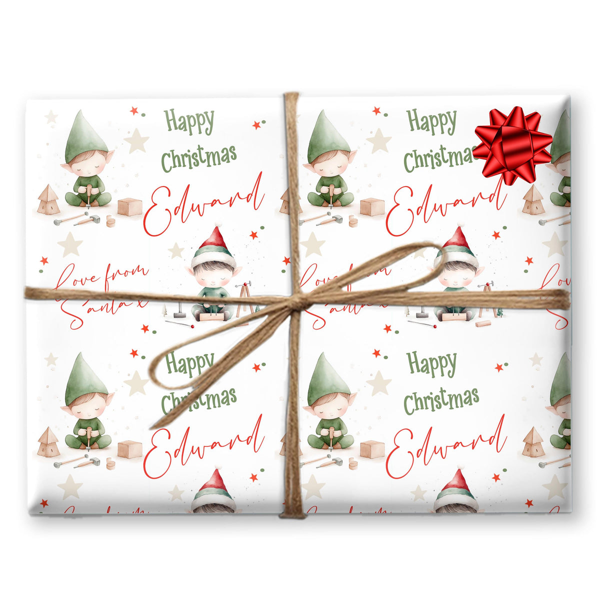 Personalised Elf Wrapping Paper, Boy Christmas Gift Wrap, A2 Sheet