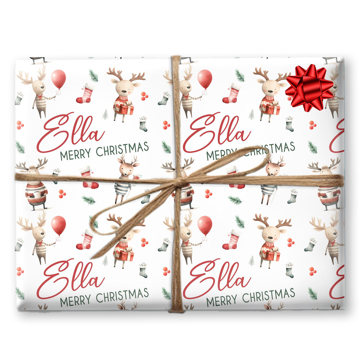 Childrens Gift Wrap Wrapping Paper, Cute Reindeers, Personalised Boys and Girls Paper, Novelty Gift Wrap Roll