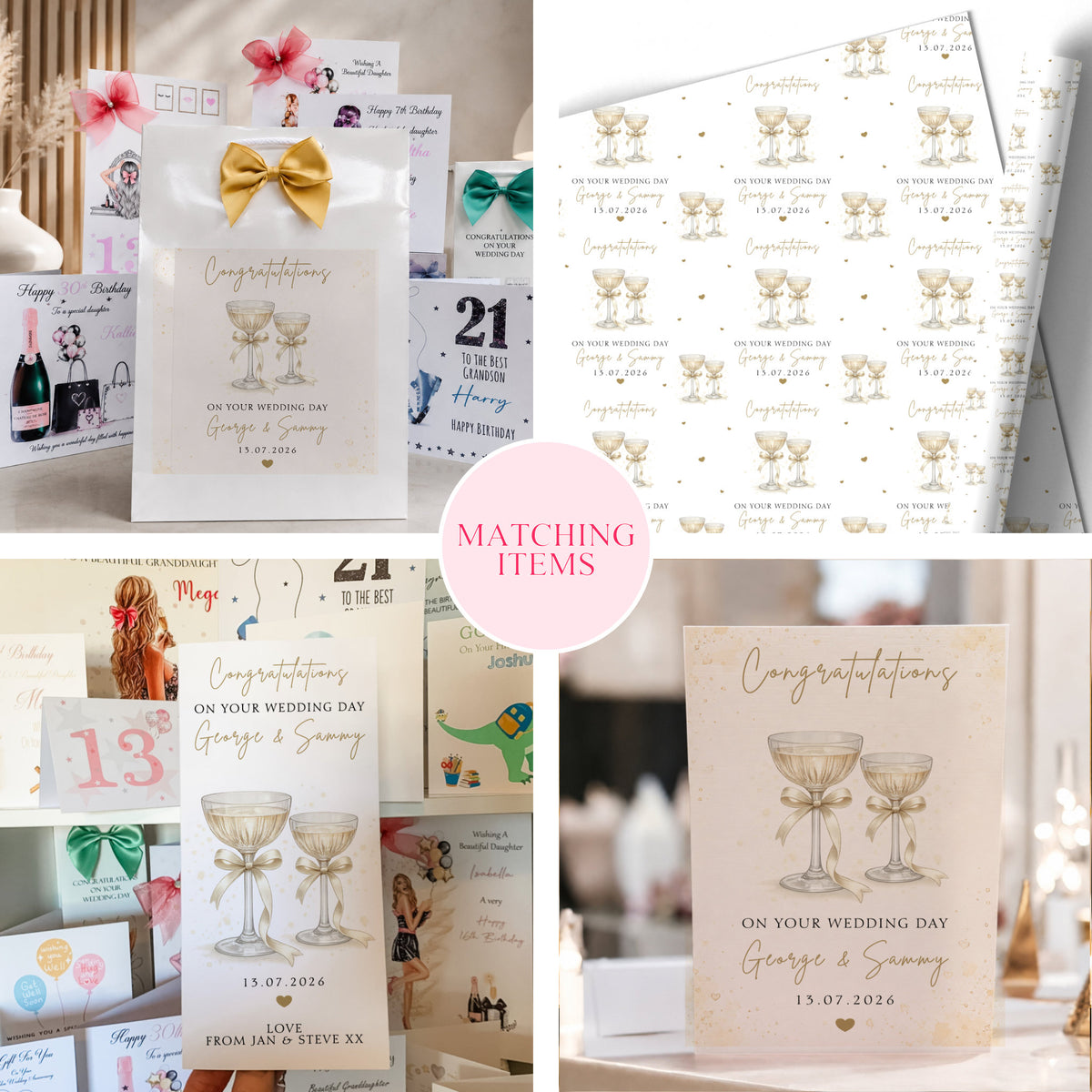 Wedding Day Gift Bag, Custom Personalised Champagne Design With Names, Luxury Gift Bags