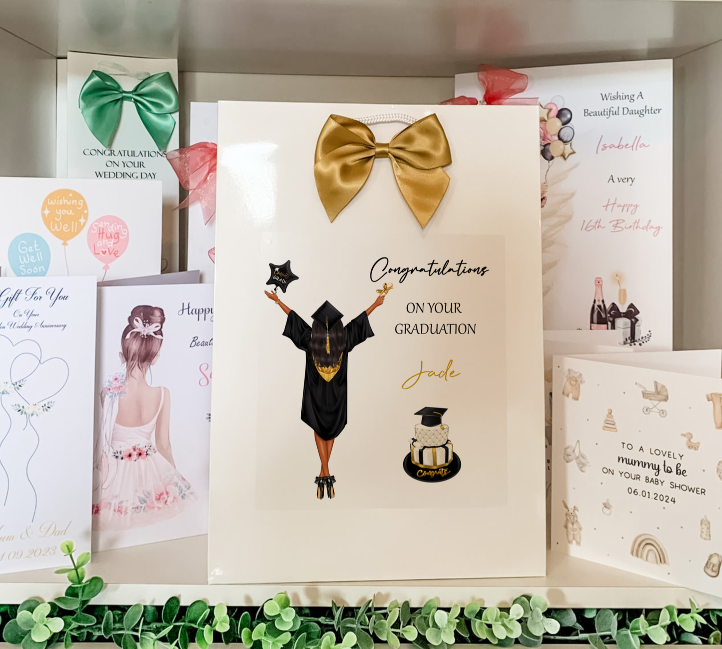 congratulations cards and greeting cards on a shelf