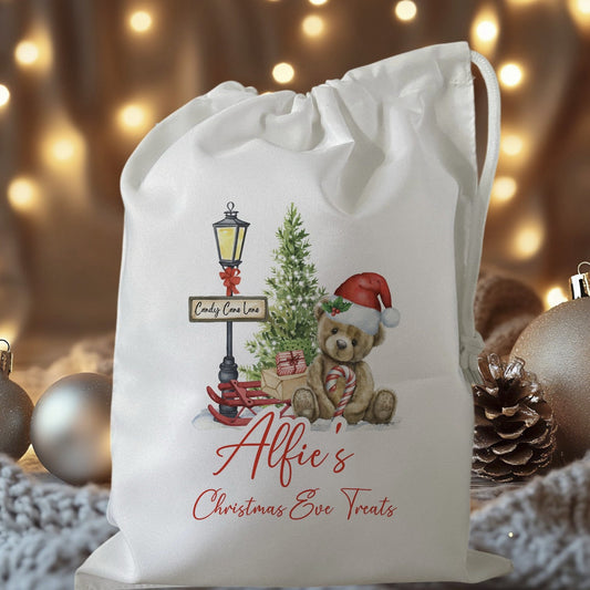 white drawstring personalised christmas eve treat bag for pjs, pyjamas, hot chocolate, treats and mug