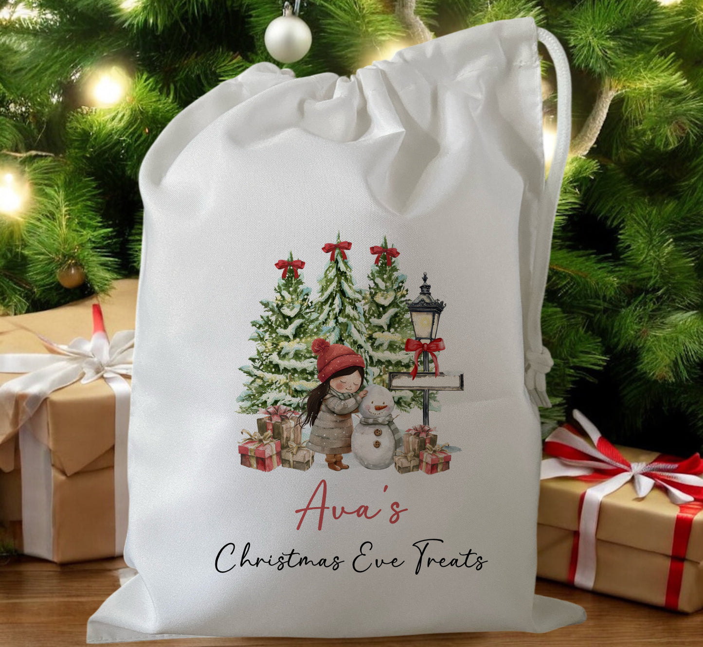 white drawstring personalised christmas eve treat bag for pjs, pyjamas, hot chocolate, treats and mug