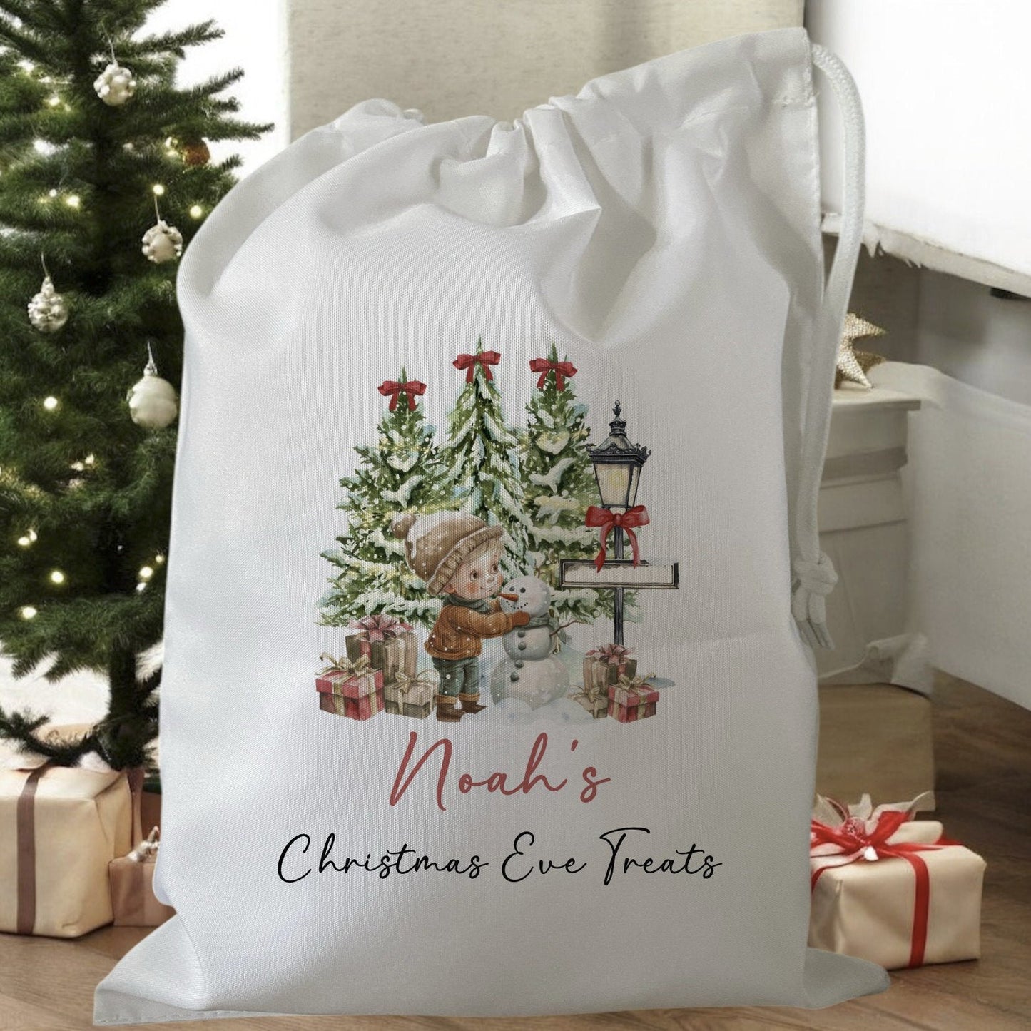 white drawstring personalised christmas eve treat bag for pjs, pyjamas, hot chocolate, treats and mug