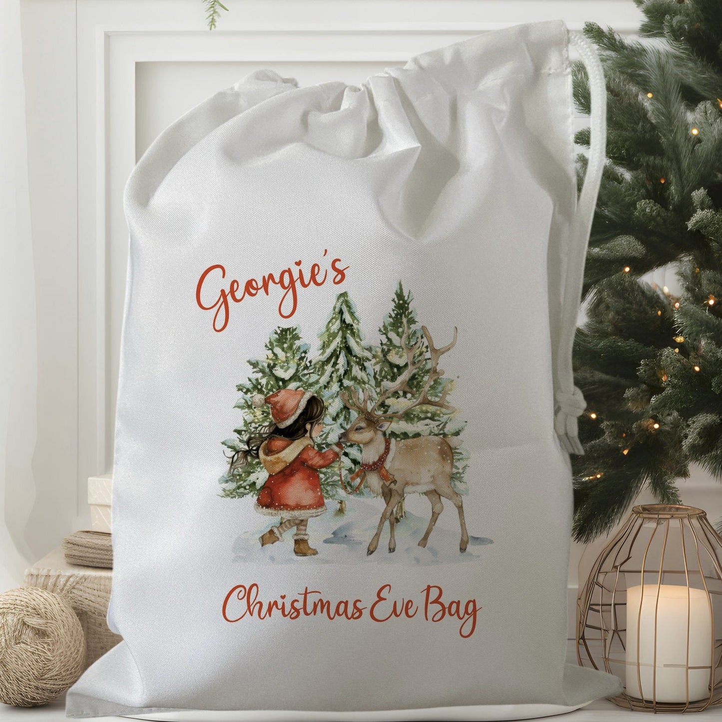 white drawstring personalised christmas eve treat bag for pjs, pyjamas, hot chocolate, treats and mug