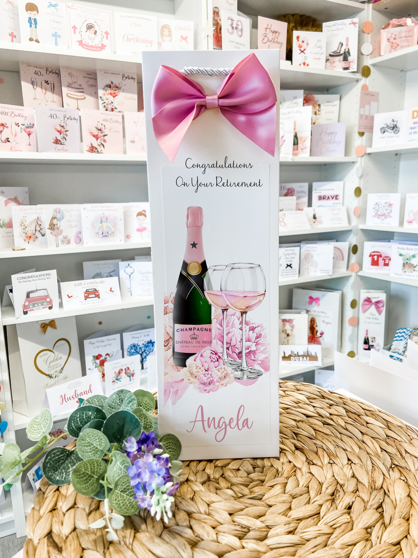 Personalised Retirement Card Pink Floral Champagne