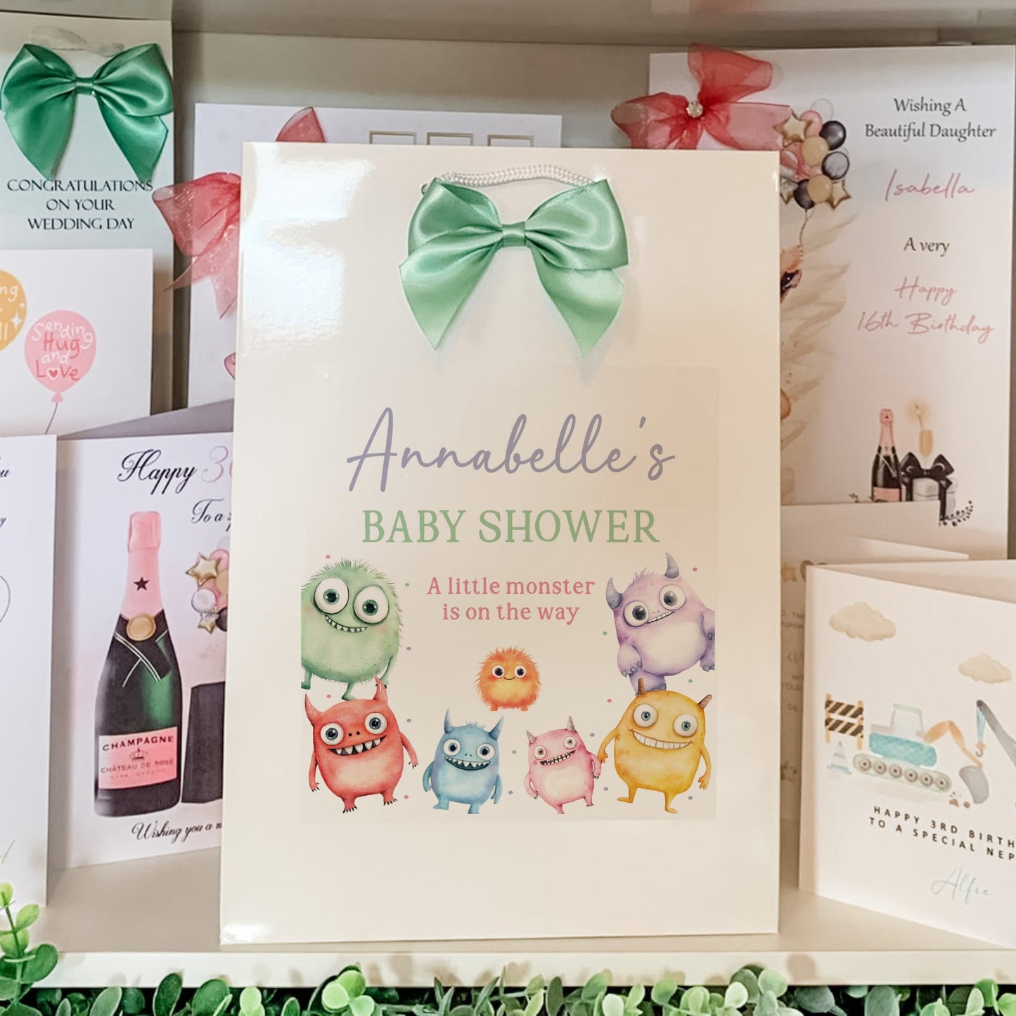 Baby shower invitation with colorful monsters and a green bow, surrounded by other greeting cards.