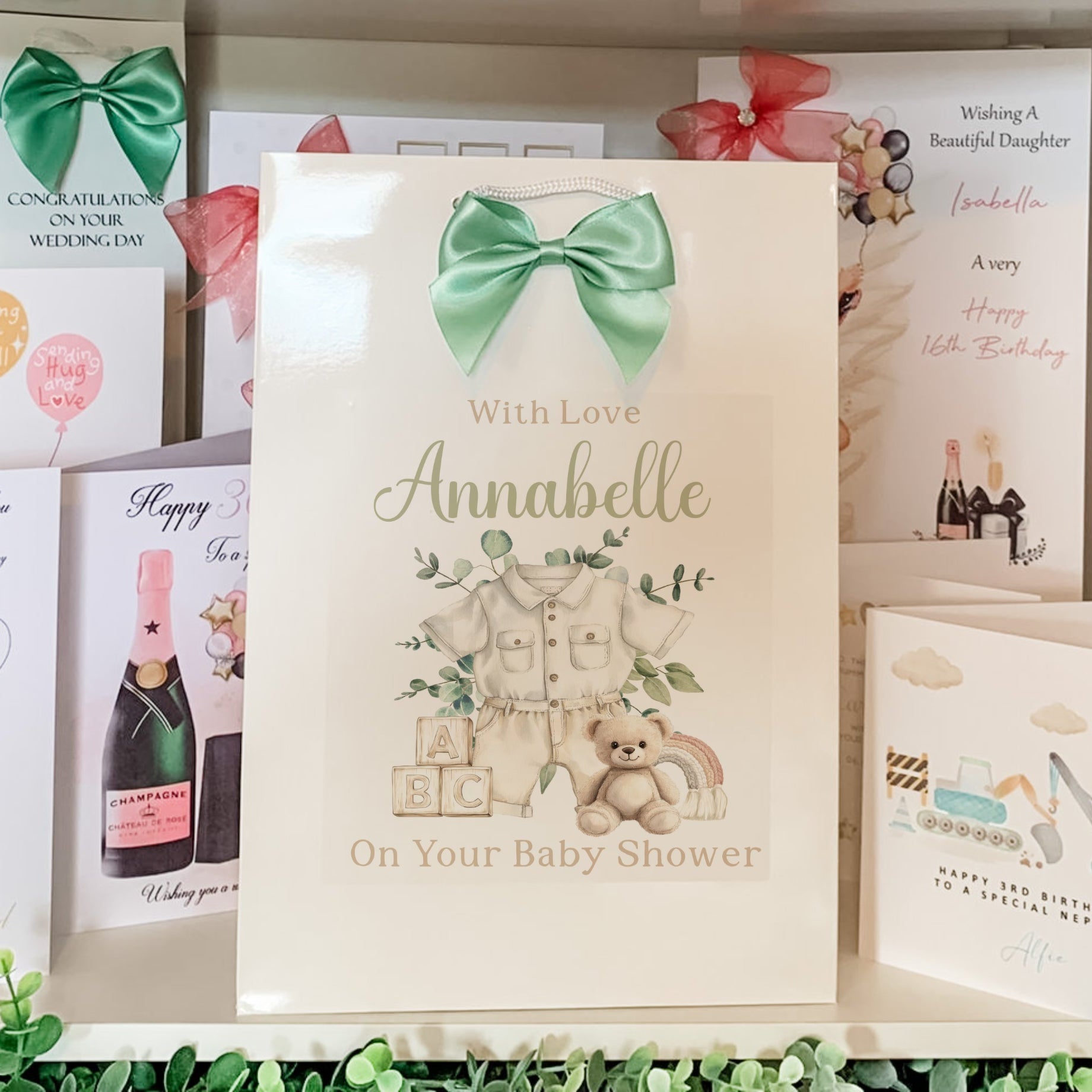 Baby shower card with a green bow, baby outfit, and teddy bear on a white background.