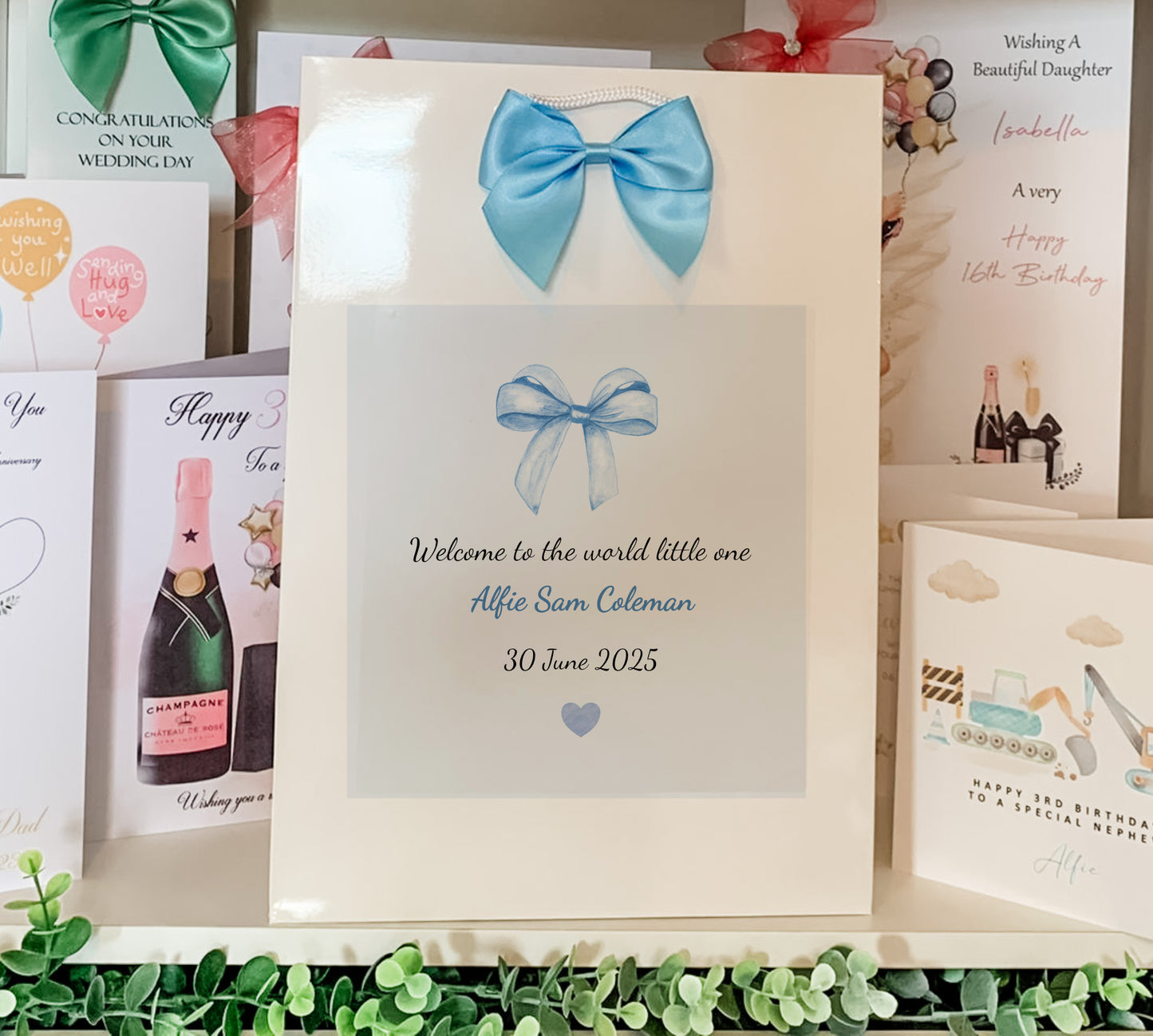 Twins New Baby Welcome to the World Little One Watercolour Bow Pink, Blue
