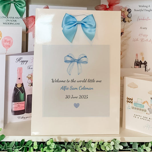 New Baby Gift Bag , Welcome to the world Boy or Girl Pink Blue Watercolour Bow