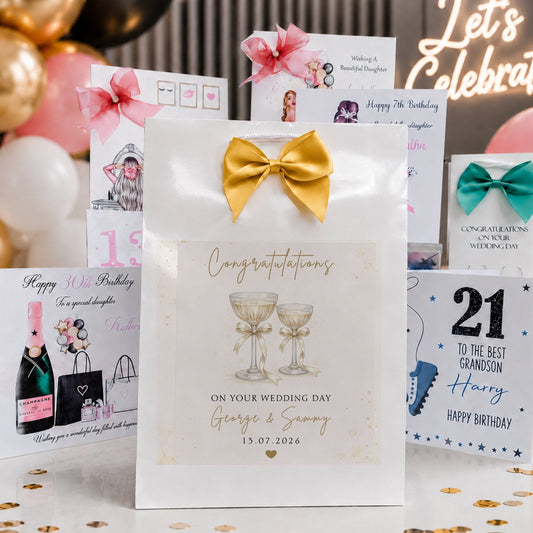 Wedding Day Gift Bag, Custom Personalised Champagne Design With Names, Luxury Gift Bags