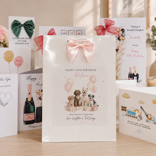 A white birthday gift bag with a pink satin bow and a watercolor illustration of dogs, displayed in a styled home setting with other greeting cards and decorative items.