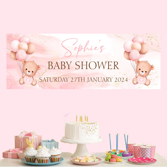 Personalised Baby Shower Party Banner Pink Teddy Bear