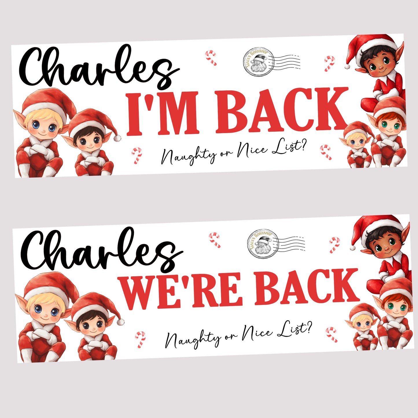 Personalised Christmas Elf ‘I’m Back / We’re Back’ Poster Banner – Custom Elf Return Prop Decoration