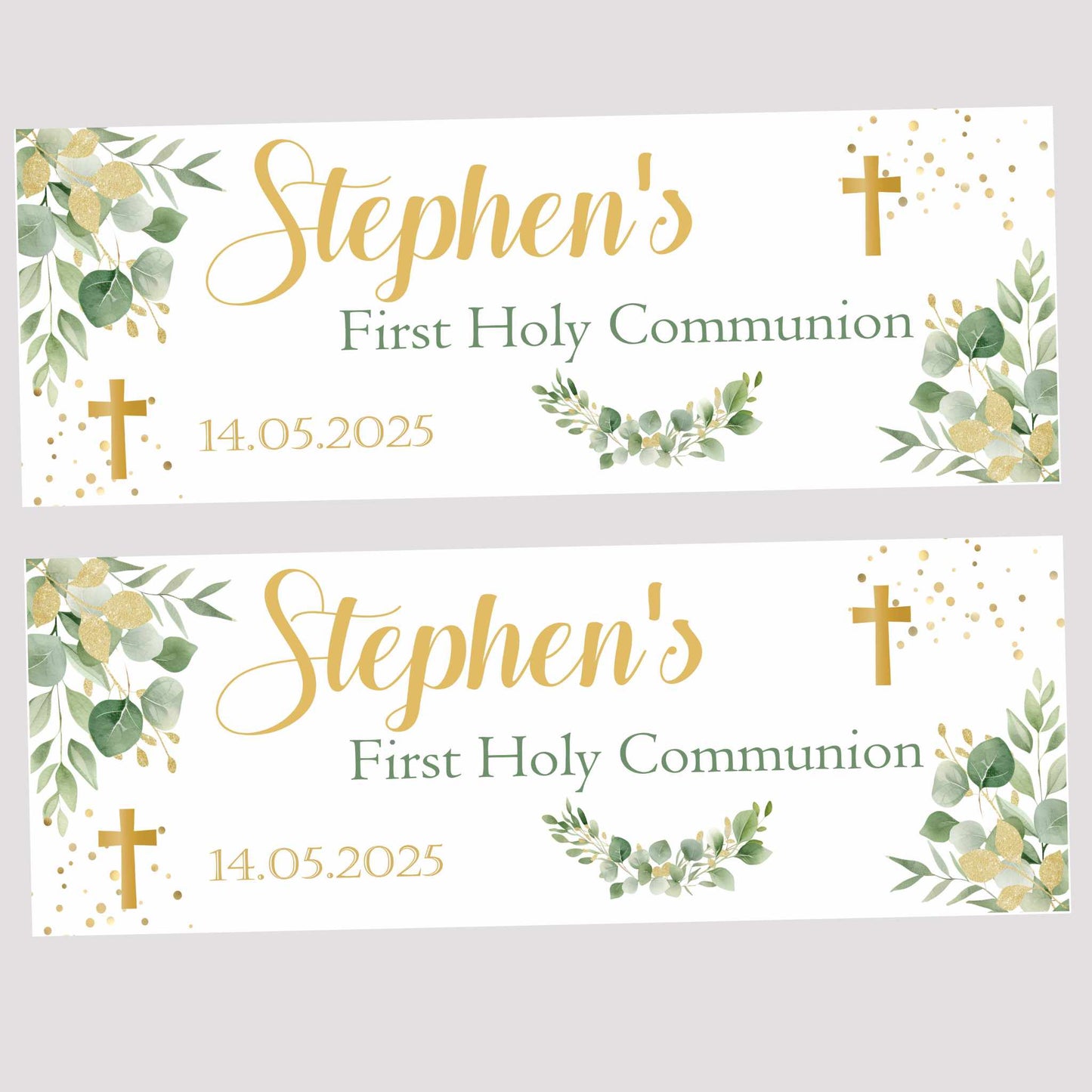 First Holy Communion Party Banner Gold Green Floral