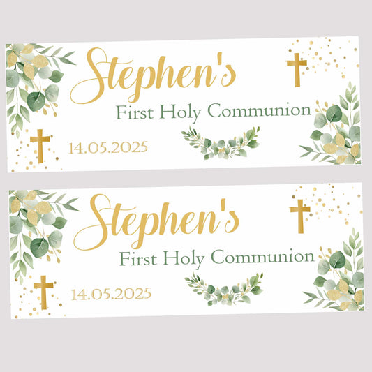First Holy Communion Party Banner Gold Green Floral
