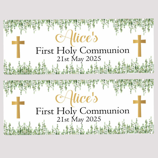 First Holy Communion Party Banner Gold Cross Green Floral