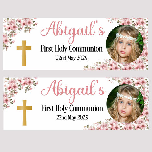 First Holy Communion Party Banner Gold Cross Pink Floral