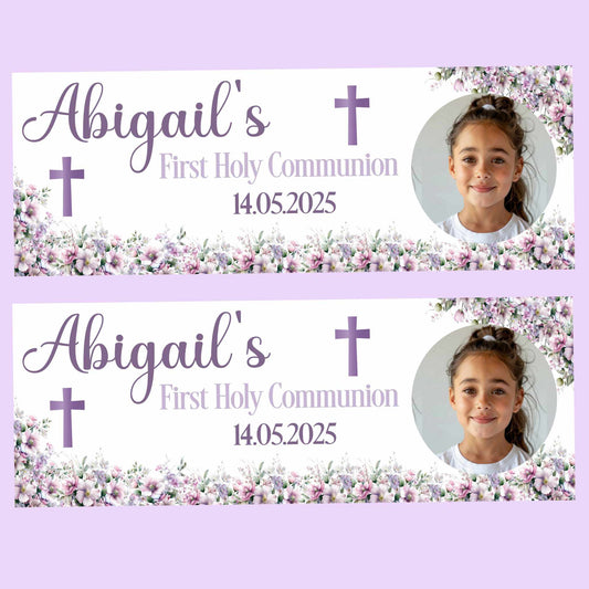Purple Floral First Holy Communion Party Banner