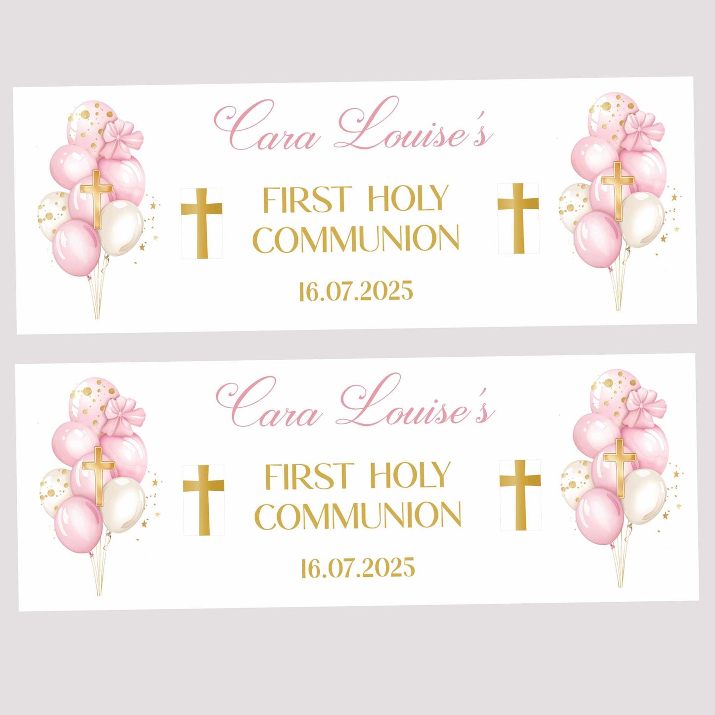 Pink & Gold Balloons First Holy Communion Party Banner