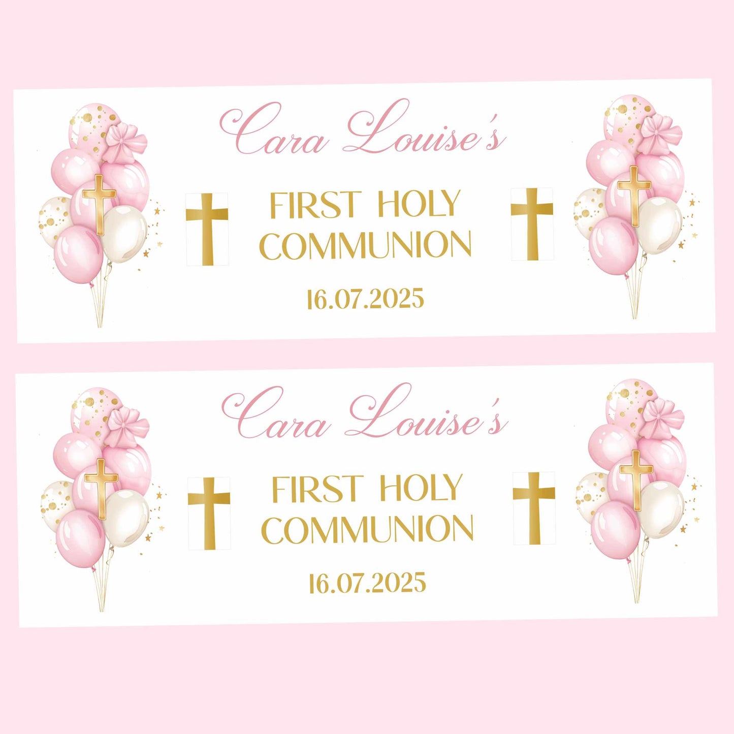 Pink & Gold Balloons First Holy Communion Party Banner