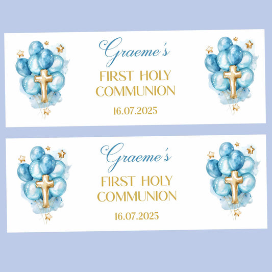 Blue & Gold Balloons First Holy Communion Party Banner