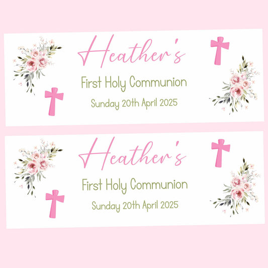 Pink Floral Cross First Holy Communion Party Banner