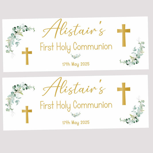 Gold Green Floral Cross First Holy Communion Party Banner