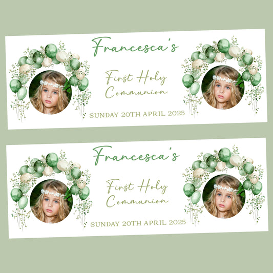 First Holy Communion Party Banner Green Balloon Arch Design