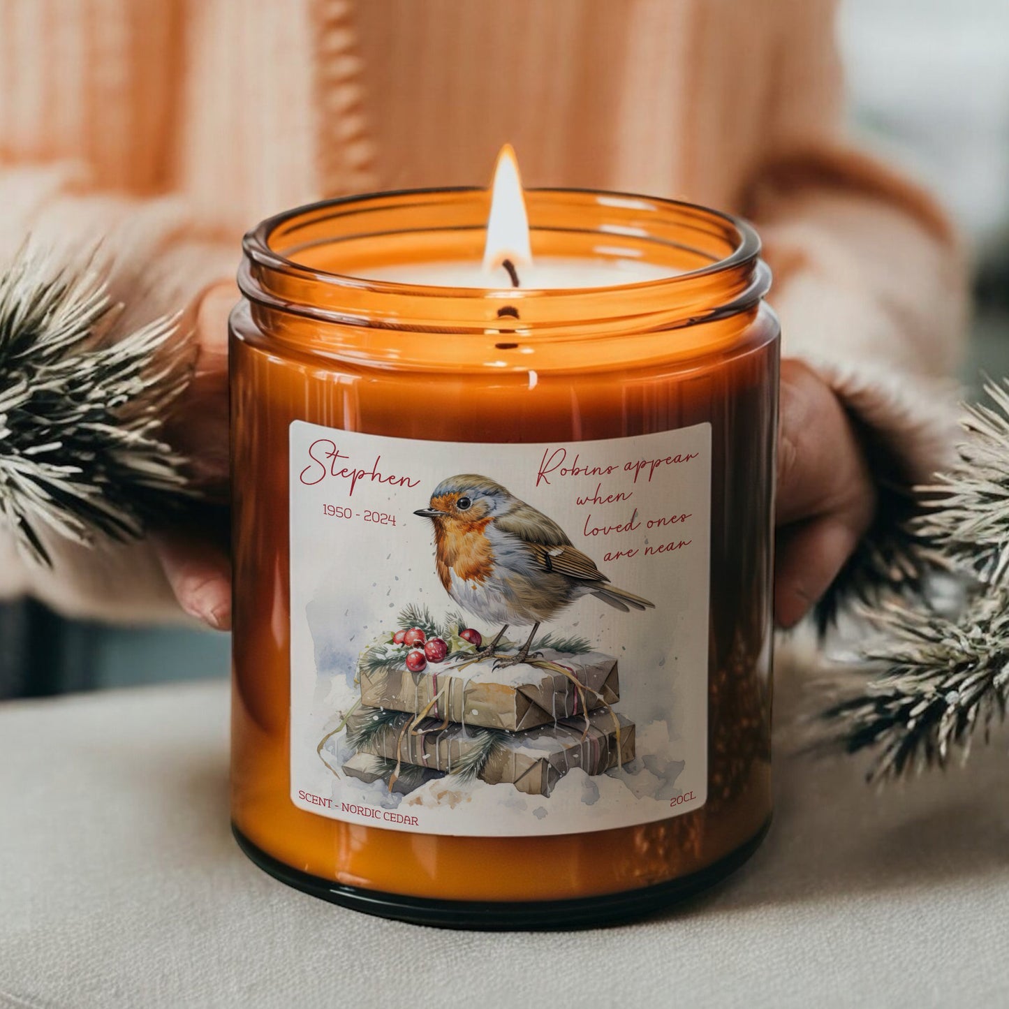 Christmas Memorial Candle, Personalised with Name, When Robins are Near