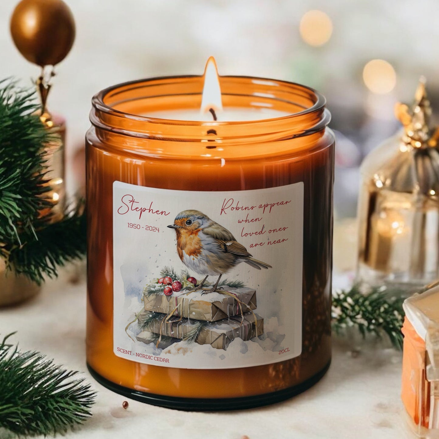 Christmas Memorial Candle, Personalised with Name, When Robins are Near