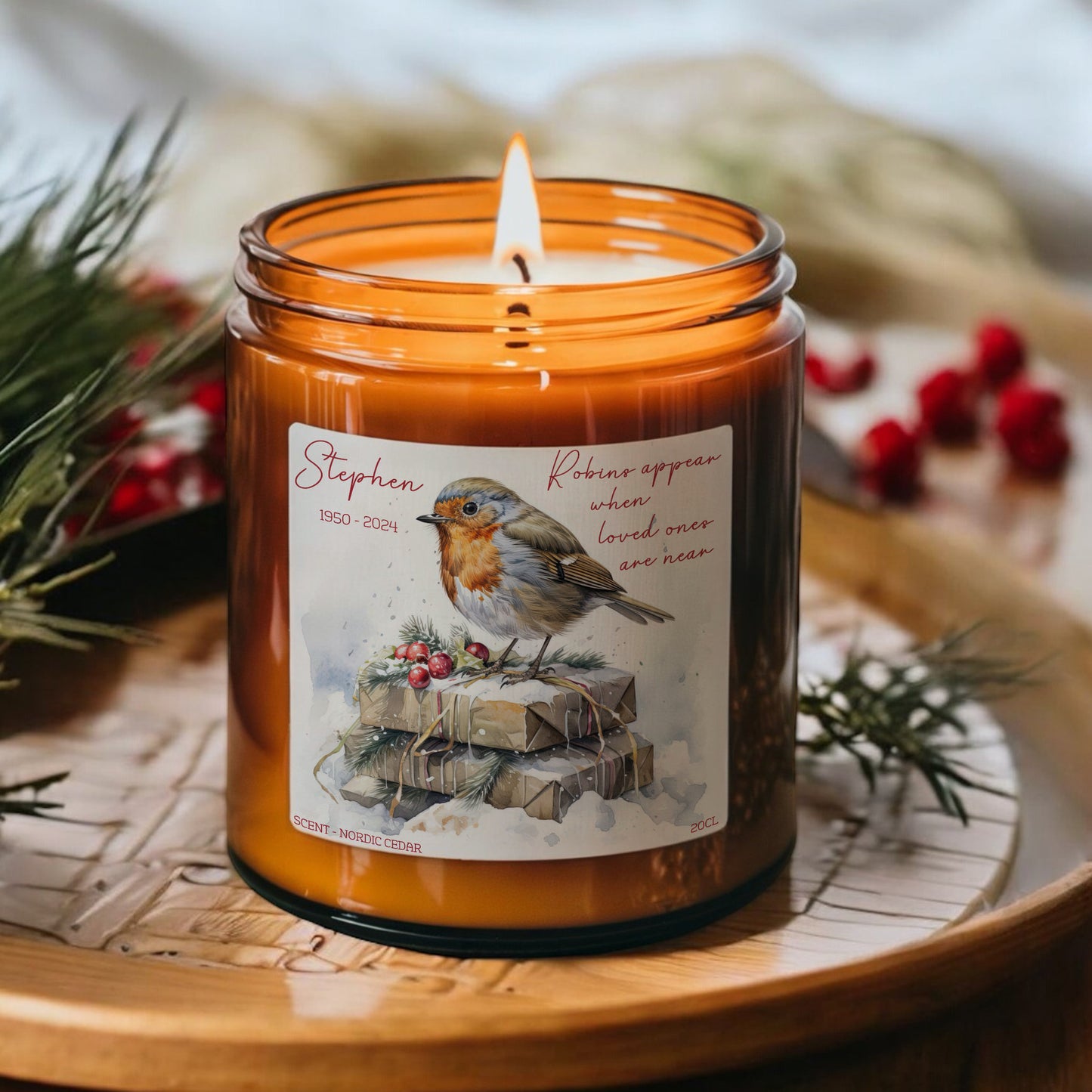 Christmas Memorial Candle, Personalised with Name, When Robins are Near