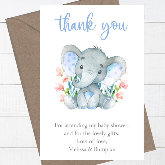10 Personalised Baby Shower Thank You Cards Watercolour Elephant Blue