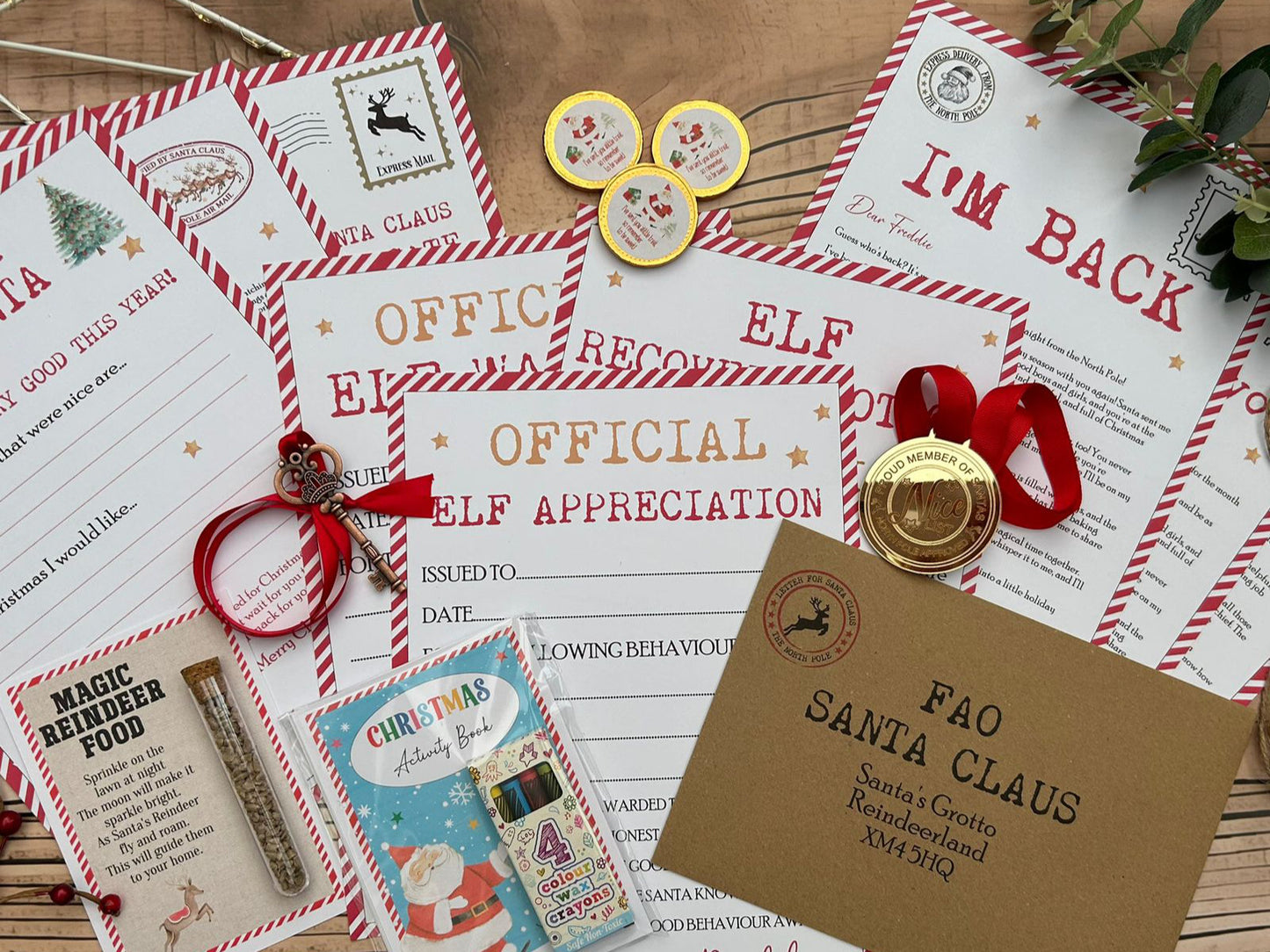 Personalised Elf I'm Back Arrival Pack, Nice List Certificate, Letter to & from Santa – Santa Reindeer Design
