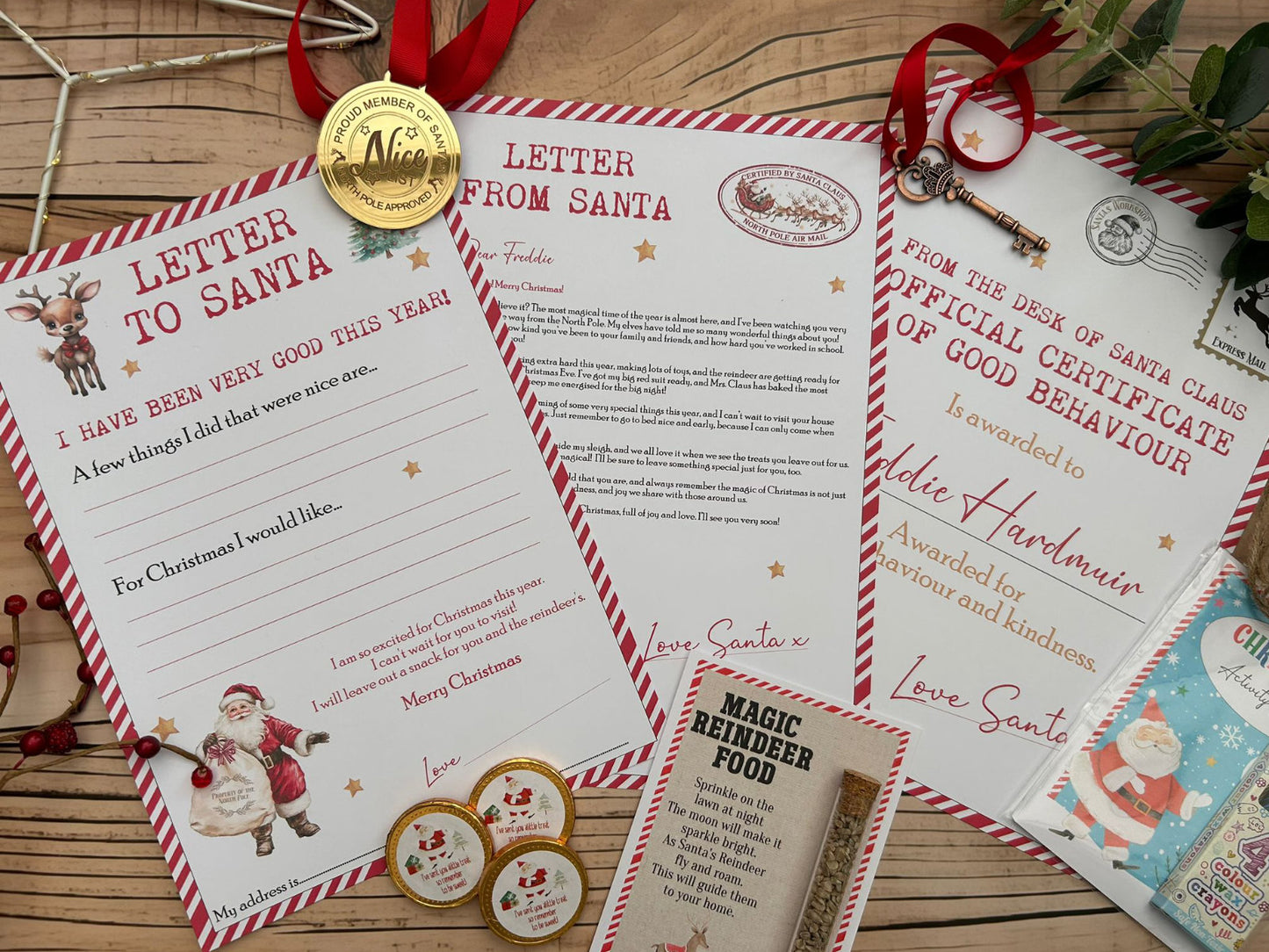 Personalised Elf I'm Back Arrival Pack, Nice List Certificate, Letter to & from Santa – Santa Reindeer Design