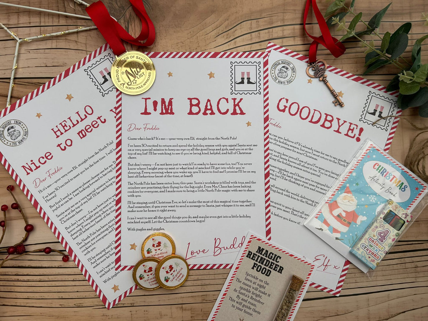 Personalised Elf I'm Back Arrival Pack, Nice List Certificate, Letter to & from Santa – Santa Reindeer Design