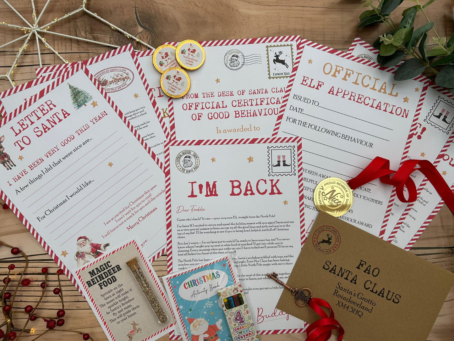 Personalised Elf I'm Back Arrival Pack, Nice List Certificate, Letter to & from Santa – Santa Reindeer Design