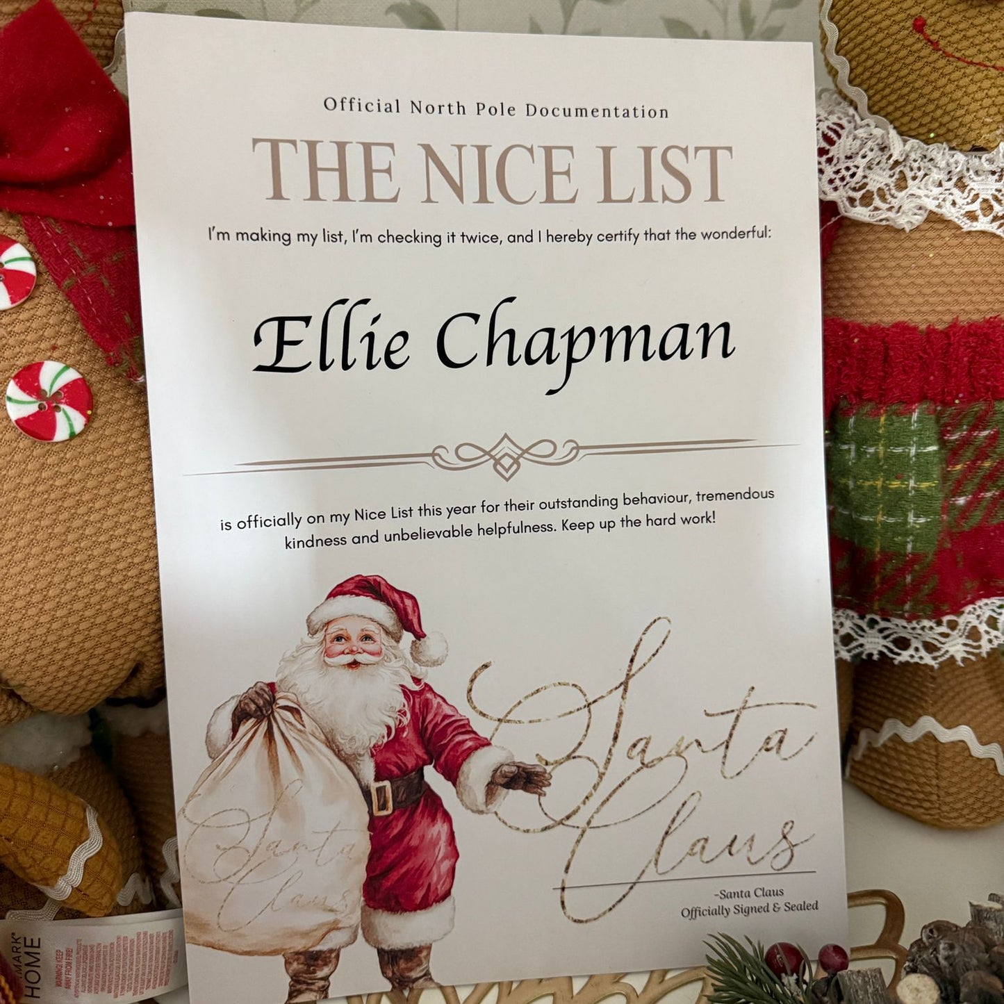 Personalised Santa Nice List Certificate Christmas Eve Box Filler