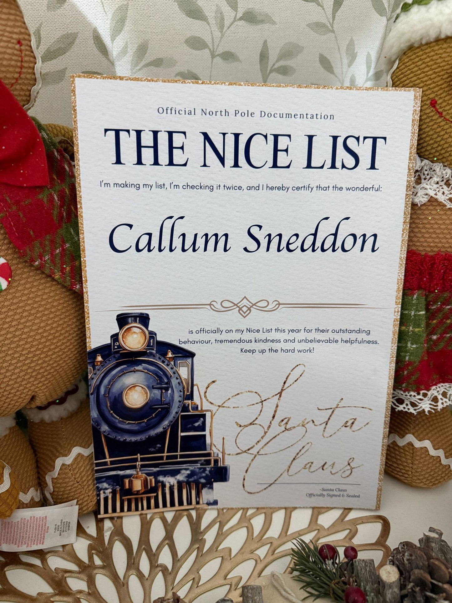 Personalised Santa Nice List Certificate Christmas Eve Box Filler Blue Express Train