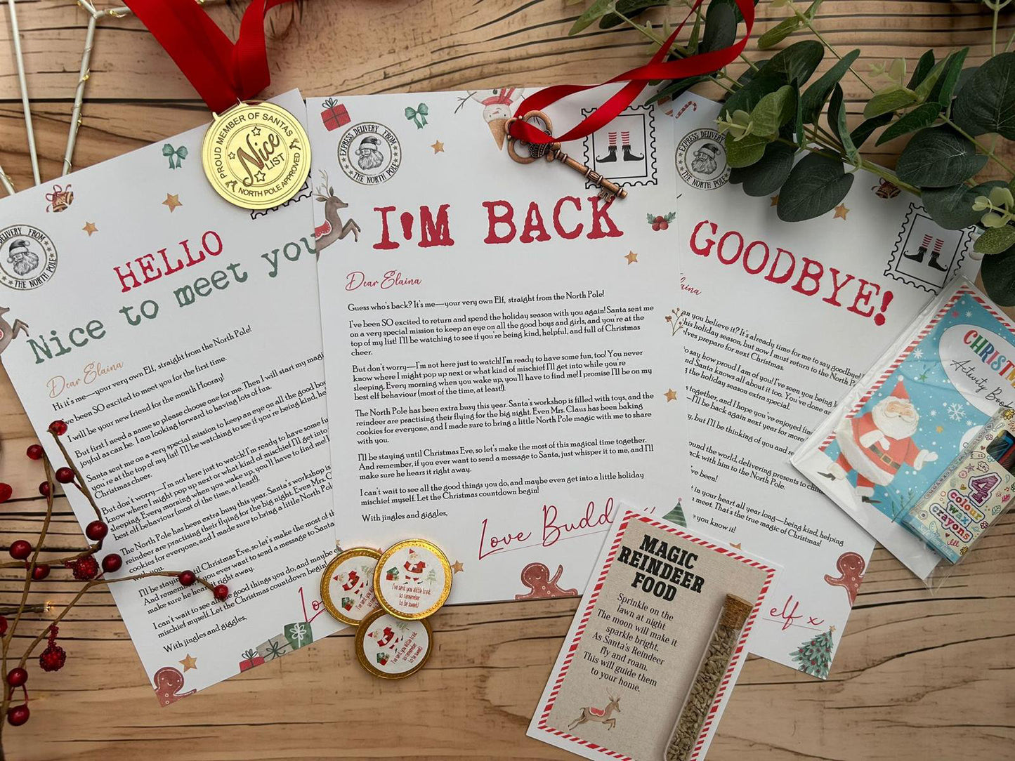 Personalised Elf I'm Back Arrival Pack, Nice List Certificate, Letter to & from Santa – Elf Design