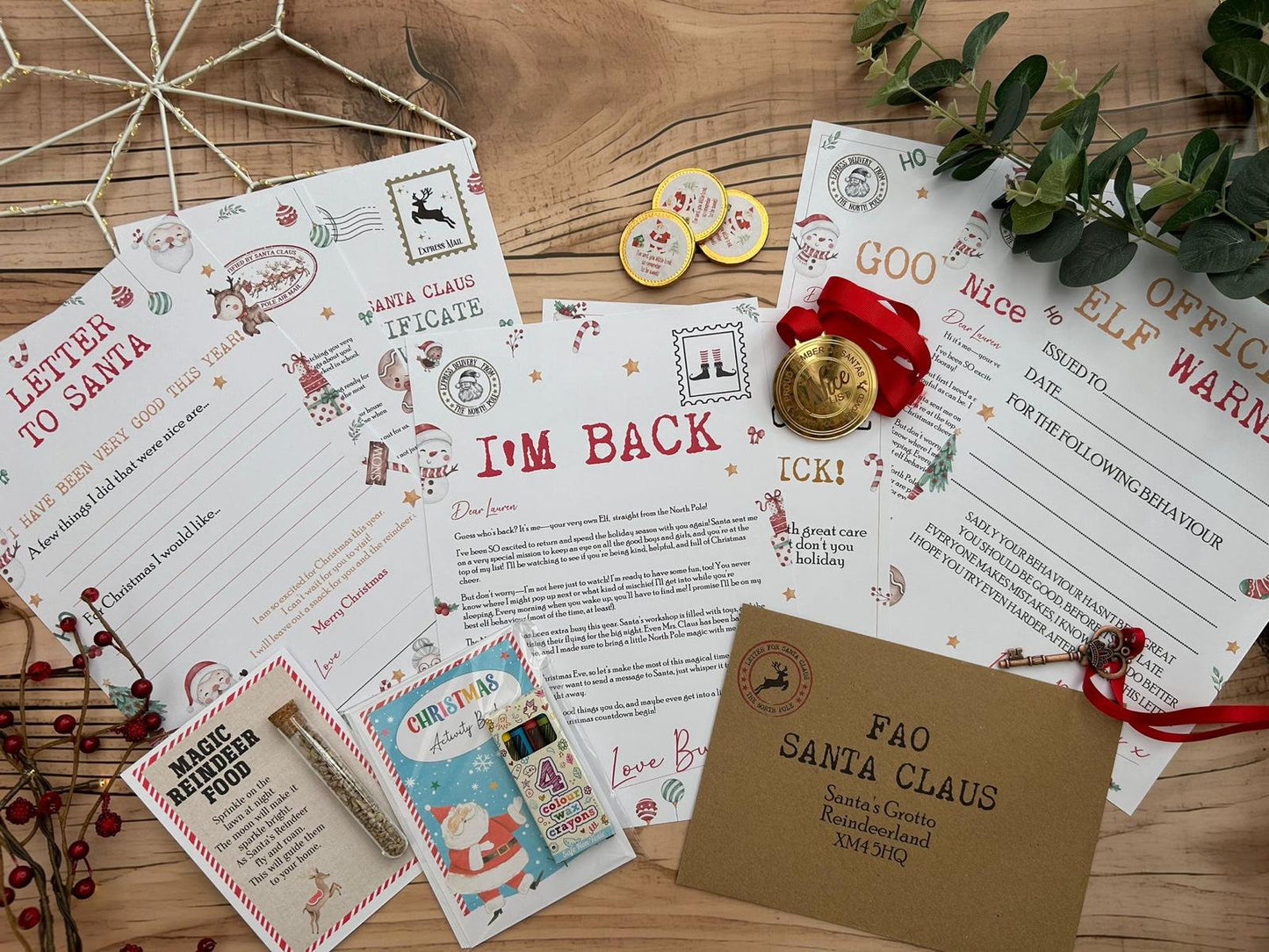 Personalised Elf I'm Back Arrival Pack, Nice List Certificate, Letter to & from Santa – Santa Snowman Reindeer Design