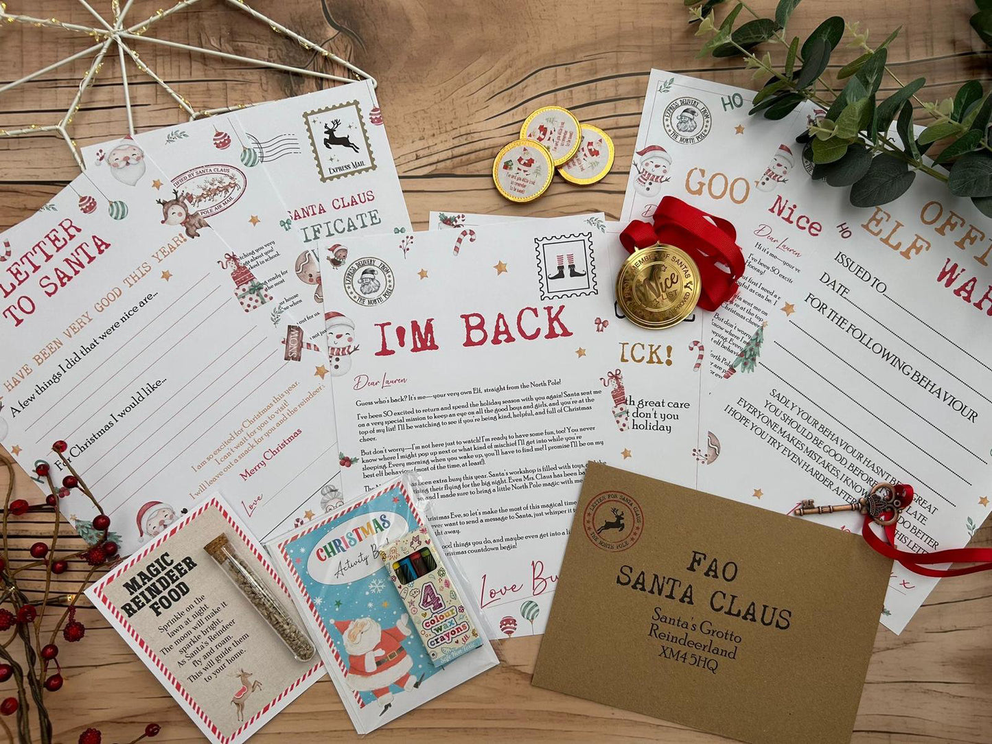 Personalised Elf I'm Back Arrival Pack, Nice List Certificate, Letter to & from Santa – Santa Snowman Reindeer Design