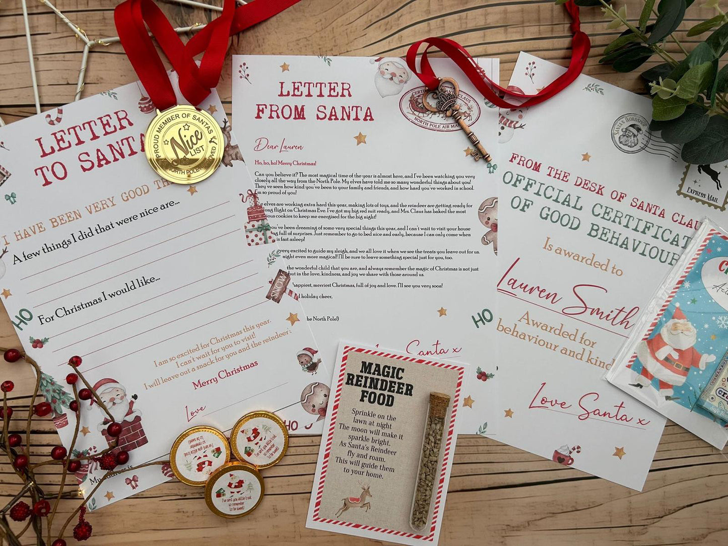 Personalised Elf I'm Back Arrival Pack, Nice List Certificate, Letter to & from Santa – Santa Snowman Reindeer Design