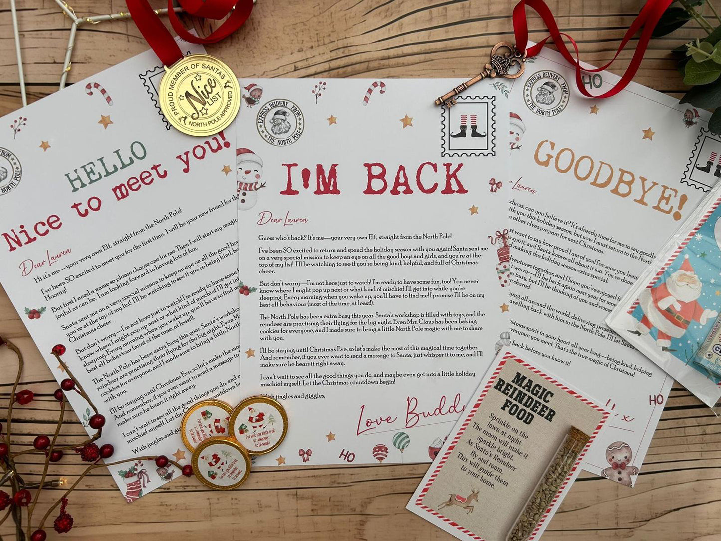 Personalised Elf I'm Back Arrival Pack, Nice List Certificate, Letter to & from Santa – Santa Snowman Reindeer Design