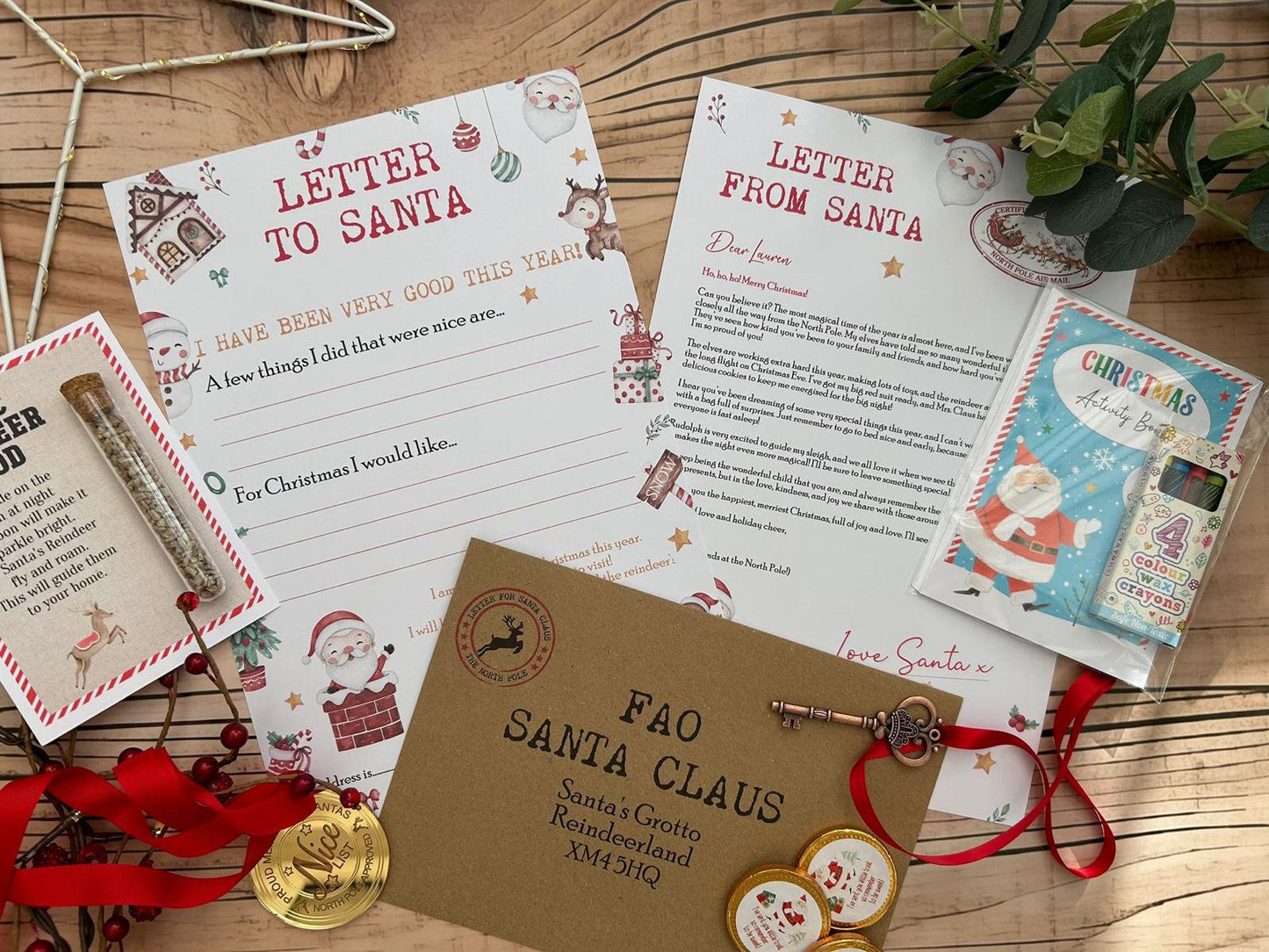 Personalised Elf I'm Back Arrival Pack, Nice List Certificate, Letter to & from Santa – Santa Snowman Reindeer Design