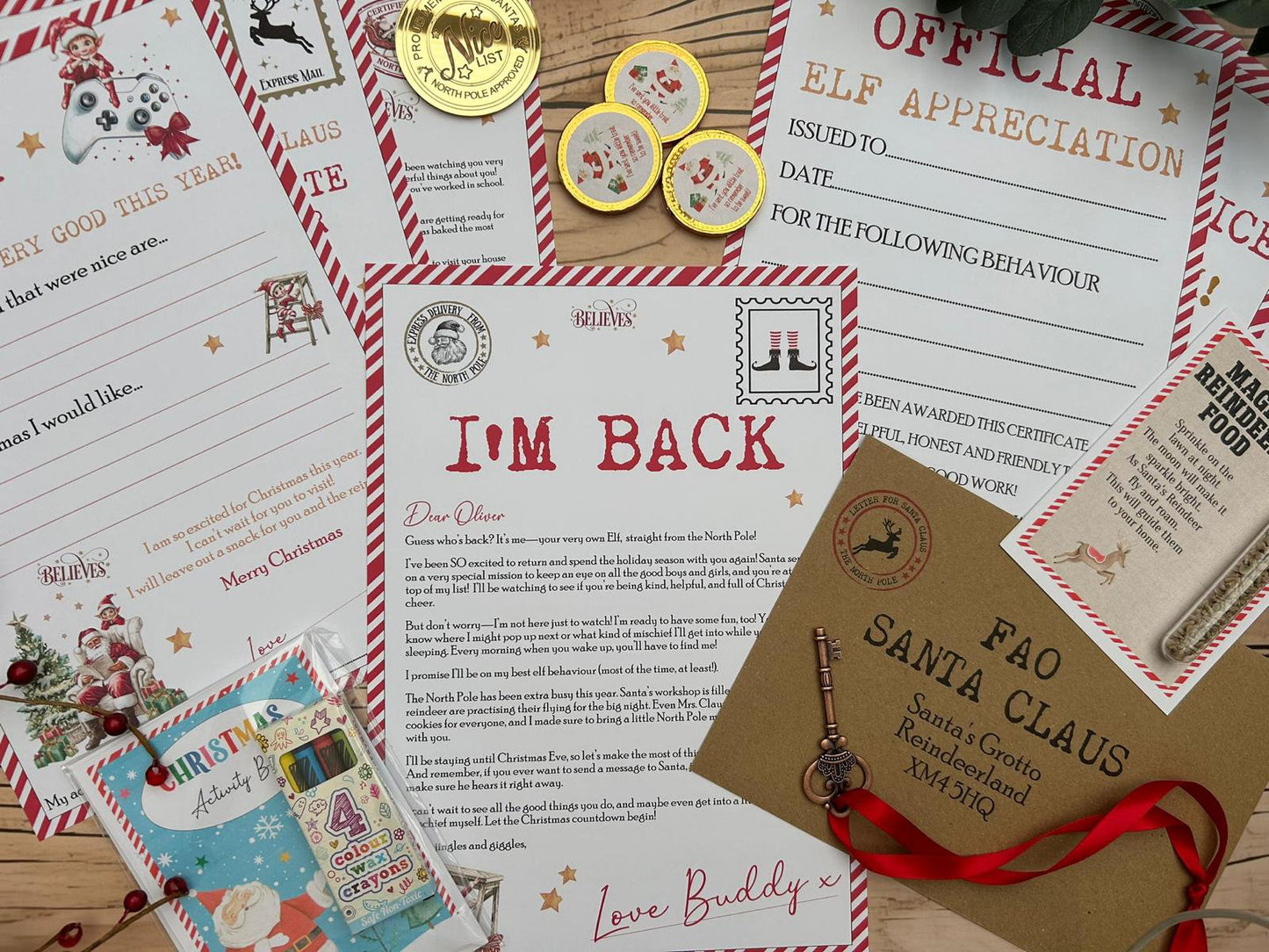 Personalised Elf I'm Back Arrival Pack, Nice List Certificate, Letter to & from Santa - Elf Gamer Design